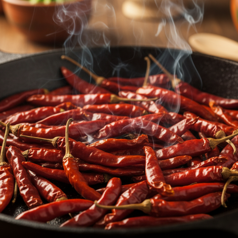 tostado muchos chiles de arbol en sarten